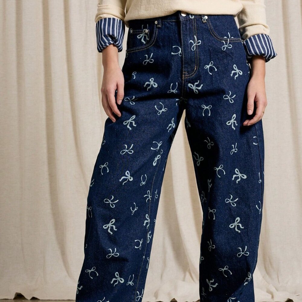 Blue Casual Women's Bow Print Baggy Jean - Picture 2 of 6